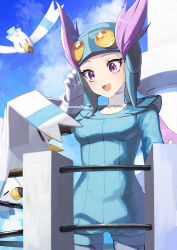 Rule 34 | 1girl, :d, breasts, cloud, commentary request, creatures (company), day, fence, game freak, gen 3 pokemon, gloves, hand up, helmet, long hair, long sleeves, nintendo, open mouth, outdoors, pilot suit, pokemon, pokemon (creature), pokemon oras, ponytail, purple eyes, purple hair, sky, smile, tongue, wingull, winona (pokemon), yamanashi taiki