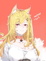 Rule 34 | 1girl, aion tesla, animal ear fluff, animal ears, blonde hair, collar, fang, hair ornament, hairclip, highres, hololive, hololive indonesia, kaela kovalskia, looking at viewer, off shoulder, red eyes, shirt, simple background, skin fang, smile, solo, t-shirt, upper body, virtual youtuber, white shirt