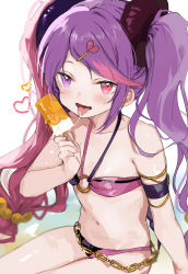 Rule 34 | 1girl, armband, beach, bikini, black bikini, blush, chain, collarbone, fingernails, flat chest, food, hair ornament, heart, heart hair ornament, heterochromia, highres, holding, holding food, long hair, looking at viewer, misaki (princess connect!), misaki (summer) (princess connect!), multicolored hair, nonoyama, o-ring, pink eyes, pink hair, popsicle, princess connect!, purple bikini, purple eyes, purple hair, saliva, saliva trail, sand, shiny skin, solo, swimsuit, tongue, tongue out, twintails, very long hair, water