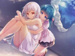 Rule 34 | 2girls, bare arms, bare shoulders, black skirt, blue eyes, blue hair, bow, breasts, brown footwear, closed mouth, cloud, cloudy sky, commentary request, dress, dutch angle, female focus, flower, full moon, hair bow, highres, hug, hug from behind, long hair, medium breasts, moon, multiple girls, nametakenoko, night, night sky, original, parted lips, pink bow, pink flower, pink shirt, pleated skirt, puffy short sleeves, puffy sleeves, red eyes, ruins, shirt, short sleeves, silver hair, skirt, sky, sleeveless, sleeveless dress, smile, tree, upskirt, white dress, yuri