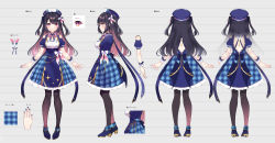 Rule 34 | 1girl, backless dress, backless outfit, black hair, blue dress, blue nails, blush, bow, breasts, character sheet, colored inner hair, dress, eyebrows hidden by hair, grey background, highres, hina misora, kisaragi yuri, long hair, medium breasts, multicolored hair, multiple views, nail polish, official art, pantyhose, pink bow, pink eyes, pink hair, smile, symbol-shaped pupils, two side up, very long hair, virtual youtuber, wactor production, wrist cuffs