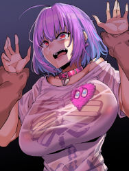 Rule 34 | 1boy, 1girl, ahoge, aqua hair, breasts, collar, collarbone, constricted pupils, dark, eyebrows hidden by hair, fingernails, hair intakes, hands up, heart collar, hetero, highres, holding another&#039;s wrist, idolmaster, idolmaster cinderella girls, large breasts, light purple hair, looking at another, male hand, multicolored hair, off-shoulder shirt, off shoulder, open mouth, palms, pink collar, pink hair, print shirt, punk, scared, shadow, shirt, short hair, short sleeves, silver trim, single bare shoulder, skeleton print, surprised arms, tears, teeth, two-tone hair, upper body, upper teeth only, yumemi riamu, yumoteliuce