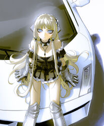 Rule 34 | 1girl, bare shoulders, black dress, blonde hair, car, chii, chobits, closed mouth, collar, cross, cross necklace, dress, from above, gauntlets, highres, jewelry, lamborghini, lamborghini gallardo, long hair, motor vehicle, necklace, off-shoulder dress, off shoulder, sitting, solo, spiked collar, spikes, vinne
