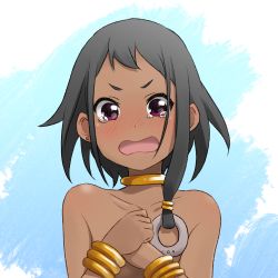 Rule 34 | 10s, 1girl, black hair, blush, choi mochimazzui, dark-skinned female, dark skin, embarrassed, female focus, flat chest, hair ornament, highres, jewelry, looking at viewer, lots of jewelry, neck ring, nude, open mouth, red eyes, short hair, simple background, solo, tamako market, tears, topless frame, unyon, upper body, wavy mouth