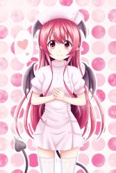 Rule 34 | 1girl, alternate costume, bat wings, blush, colored eyelashes, cowboy shot, demon tail, hat, head wings, heart, highres, koakuma, long hair, looking at viewer, nurse, nurse cap, outline, own hands together, pointy ears, polka dot, polka dot background, red eyes, red hair, reimei (r758120518), smile, solo, spoken heart, tail, thigh gap, thighhighs, touhou, very long hair, white thighhighs, wings, zettai ryouiki