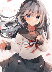 Rule 34 | 1girl, absurdres, black sailor collar, black skirt, blue eyes, blush, child, closed mouth, cowboy shot, crying, crying with eyes open, falling petals, floating hair, gradient eyes, grey hair, happy tears, heripiro, highres, long hair, long sleeves, looking at viewer, multicolored eyes, neck ribbon, open hand, original, petals, pink eyes, pleated skirt, puffy long sleeves, puffy sleeves, red ribbon, ribbon, sailor collar, school uniform, serafuku, shirt, sidelocks, simple background, skirt, sleeve cuffs, sleeves past wrists, smile, solo, tears, white background, white shirt