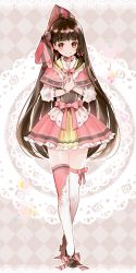Rule 34 | 1girl, argyle, argyle background, argyle clothes, blunt bangs, blush, bow, brown bow, brown eyes, brown hair, dress, emodelas, full body, hair bow, highres, long hair, looking at viewer, original, own hands together, pencil, pink bow, pink dress, pink thighhighs, ribbon, solo, standing, striped, striped bow, thighhighs, very long hair, wristband