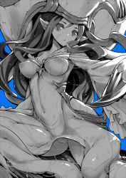 Rule 34 | 10s, 1girl, amano yuu, breasts, dress, female focus, granblue fantasy, long hair, looking at viewer, medium breasts, monochrome, monster girl, navel, nipples, pointy ears, see-through, simple background, sketch, solo, wet