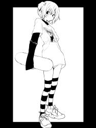 Rule 34 | 1girl, black border, black eyes, black shirt, bob cut, border, character print, dot nose, ftktan, full body, greyscale, highres, holding, holding skateboard, long sleeves, looking at viewer, monochrome, no pants, original, outside border, panties, shirt, shoes, side ponytail, skateboard, sleeves past wrists, sneakers, solo, striped clothes, striped thighhighs, sway back, t-shirt, thighhighs, underwear, white background, white hair, white panties