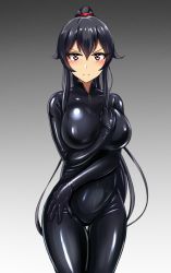 Rule 34 | 1girl, black bodysuit, black hair, blush, bodysuit, breasts, catsuit, female focus, hairband, hand on own chest, highres, ibusuki, kantai collection, large breasts, latex, latex bodysuit, latex suit, long hair, looking at viewer, ponytail, shiny clothes, simple background, skin tight, solo, very long hair, yahagi (kancolle)