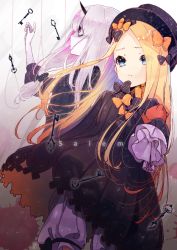 Rule 34 | 2girls, abigail williams (fate), bags under eyes, black bow, black dress, black hat, blonde hair, bloomers, blue eyes, bow, bug, butterfly, closed mouth, commentary request, dress, eyes visible through hair, fate/grand order, fate (series), hair bow, hair over one eye, hat, horns, hoshino ruru, hugging object, insect, key, long hair, long sleeves, looking at viewer, multiple girls, orange bow, pale skin, parted bangs, pink eyes, polka dot, polka dot bow, profile, single horn, sleeves past wrists, stuffed animal, stuffed toy, teddy bear, underwear, very long hair, white bloomers, white hair