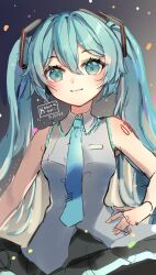 Rule 34 | 1girl, bare arms, bare shoulders, black skirt, blue eyes, blue hair, blue necktie, breasts, closed mouth, collared shirt, commentary request, dated, grey shirt, hair between eyes, hand on own hip, hatsune miku, kobutanori, long hair, medium breasts, necktie, pleated skirt, romaji commentary, shirt, sidelocks, sketch, skirt, sleeveless, sleeveless shirt, smile, solo, tie clip, twintails, very long hair, vocaloid
