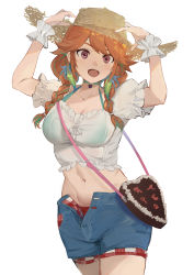 Rule 34 | 1girl, arms up, bag, bra, braid, breasts, checkered clothes, choker, cleavage, collarbone, denim, denim shorts, earrings, feather earrings, feathers, frills, gradient background, green bra, green choker, green hair, hat, hatching (texture), heart, highres, hololive, hololive english, jewelry, long hair, midriff, multicolored hair, navel, official alternate costume, open mouth, orange hair, puffy sleeves, purple eyes, see-through, shorts, simple background, solo, straw hat, takanashi kiara, takanashi kiara (casual), tsuiru, twintails, unbuttoned, underwear, virtual youtuber, white background