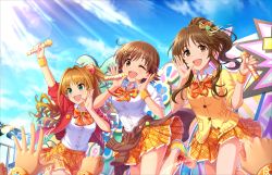 Rule 34 | 10s, 3girls, blue sky, blush, bow, brown eyes, brown hair, checkered clothes, checkered skirt, clothes around waist, day, dress, everyone, green eyes, hair bow, hair ornament, hairclip, happy, hino akane (idolmaster), honda mio, idol, idolmaster, idolmaster cinderella girls, idolmaster cinderella girls starlight stage, long hair, looking at viewer, microphone, multiple girls, music, official art, one eye closed, open mouth, outdoors, pin, pleated skirt, ponytail, school uniform, shirt, shoes, short hair, singing, skirt, sky, sneakers, stage, sweater, sweater around waist, takamori aiko, white shirt, wink