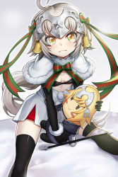 Rule 34 | 1girl, bell, black gloves, blonde hair, blush, capelet, character doll, doll, elbow gloves, fate/apocrypha, fate/grand order, fate (series), gloves, goomrrat, hair ribbon, headpiece, helmet, jeanne d&#039;arc alter (fate), jeanne d&#039;arc (fate), jeanne d&#039;arc alter santa lily (fate), long hair, looking at viewer, ribbon, smile, solo, white background, yellow eyes