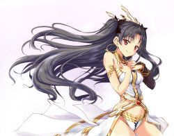 Rule 34 | 1girl, armlet, bare arms, bare legs, bare shoulders, black gloves, black hair, black ribbon, breasts, bridal gauntlets, brown eyes, crown, earrings, elbow gloves, fate/grand order, fate (series), female focus, floating hair, gem, gloves, hair ribbon, hands on own chest, hoop earrings, ishtar (fate), ishtar (fate), jewelry, legs, long hair, looking at viewer, neck, neck ring, pelvic curtain, revealing clothes, ribbon, shibamine takashi, simple background, single elbow glove, single glove, small breasts, smile, solo, strapless, tohsaka rin, two side up, type-moon, very long hair, white background, wind