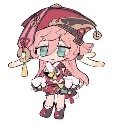 Rule 34 | 1girl, :3, blue eyes, boots, chibi, chinese clothes, closed mouth, detached sleeves, genshin impact, hair between eyes, hat, highres, horns, long hair, pink hair, red hat, simple background, solo, tabemon oishi, tassel, white background, yanfei (genshin impact)