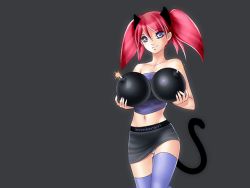 Rule 34 | 1girl, animal ears, bomb, bomberman, breasts, cat ears, cat tail, clothes writing, explosive, panties, purple eyes, red hair, small breasts, smile, solo, sports bra, tail, thighhighs, underwear, white panties