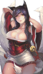 Rule 34 | 1girl, ahri (league of legends), animal ears, breasts, cleavage, cowboy shot, female focus, fox ears, fox tail, gloves, highres, korean clothes, large breasts, league of legends, light smile, looking at viewer, md5 mismatch, multiple tails, simple background, sky of morika, smile, solo, tail, white gloves, yellow eyes