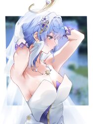 Rule 34 | 1girl, alternate costume, aqua eyes, armpits, arms behind head, blue hair, blurry, blurry background, border, breasts, cleavage, closed mouth, earrings, flower, fortissimo, from side, gloves, hair ornament, halo, head wings, highres, honkai: star rail, honkai (series), jewelry, kbnimated, looking to the side, musical note, musical note hair ornament, necklace, petals, robin (honkai: star rail), solo, white border, white flower, white gloves, white veil, white wings, wings