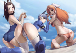 Rule 34 | 10s, 3girls, :d, animal ears, arm support, ass, barefoot, bent over, bikini, blue eyes, blush, breasts, bridal garter, brown eyes, brown hair, butt crack, cameltoe, cat ears, cloud, day, dog ears, fake animal ears, feet, fin e ld si laffinty, from behind, grin, hairband, highres, kneeling, kyouno madoka, leotard, long hair, looking back, medium breasts, muginami, multiple girls, one-piece swimsuit, open mouth, partially visible vulva, paw pose, rabbit ears, rinne no lagrange, sawaragi, shiny skin, short hair, side-tie bikini bottom, silver hair, sky, small breasts, smile, soles, swimsuit, thighhighs, thighs