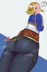 Rule 34 | 1girl, ?, absurdres, artist request, ass, blonde hair, blue eyes, blush, from behind, from below, half updo, heart, highres, huge ass, looking back, looking down, nintendo, pants, parted lips, pointy ears, princess zelda, shiny clothes, short hair, skin tight, solo, spoken question mark, the legend of zelda, the legend of zelda: breath of the wild, the legend of zelda: tears of the kingdom