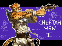 Rule 34 | 1boy, abs, aiming, apollo (cheetahmen), arrow (projectile), bara, belt, black belt, bow (weapon), brown eyes, cheetah boy, cheetahmen, cheetahmen ii, claws, commentary request, copyright name, cowboy shot, crossbow, doodles, finger on trigger, furry, furry male, hand on own arm, highres, holding, holding crossbow, holding weapon, huge eyebrows, letterboxed, looking ahead, male focus, muscular, muscular male, p!k@ru, partial commentary, pectorals, purple background, simple background, solo, tail, toga, triceps, weapon, wrist wrap
