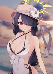 Rule 34 | 1girl, absurdres, asymmetrical bangs, black hair, blue archive, blurry, breasts, cleavage, closed mouth, depth of field, flower, hair over one eye, halo, hand on own chest, hat, hat flower, highres, hinata (blue archive), hinata (swimsuit) (blue archive), large breasts, long hair, looking at viewer, one-piece swimsuit, red eyes, rensy, solo, sun hat, swimsuit, upper body, white one-piece swimsuit