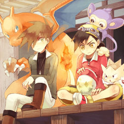 Rule 34 | 1990s (style), 2boys, aimpom, aipom, angry, baseball cap, black hair, blue oak, brown hair, charizard, creatures (company), deck, egg, ethan (pokemon), fire, flame-tipped tail, game freak, gen 1 pokemon, gen 2 pokemon, goggles, green eyes, hat, jacket, jewelry, multiple boys, necklace, nintendo, pokemon, pokemon (creature), pokemon adventures, pokemon gsc, retro artstyle, sitting, strawberrybit, togepi, yellow eyes