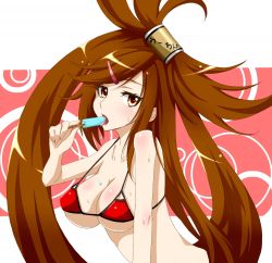 Rule 34 | 1girl, adapted costume, bare shoulders, bikini, blush, breasts, brown eyes, brown hair, can, chukachuka, cleavage, collarbone, eating, food, food on body, from side, guilty gear, hair ornament, hairclip, half updo, hand up, holding, kuradoberi jam, large breasts, leaning forward, licking, long hair, looking at viewer, matching hair/eyes, micro bikini, open mouth, orange eyes, perky breasts, pink background, popsicle, red bikini, sideboob, sidelocks, solo, strap gap, string bikini, sweat, swept bangs, swimsuit, tongue, tongue out, underboob, upper body, very long hair, white background