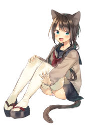 Rule 34 | 1girl, :d, animal ears, black footwear, blue sailor collar, blue skirt, blush, brown cardigan, brown hair, cardigan, cat ears, cat girl, cat tail, commentary request, fang, flower knot, full body, green eyes, hair ornament, long hair, long sleeves, low twintails, midorikawa you, neckerchief, open mouth, original, outstretched arm, panties, platform footwear, red neckerchief, sailor collar, sandals, school uniform, serafuku, simple background, skirt, sleeves past wrists, smile, solo, tail, thighhighs, twintails, underwear, very long hair, white background, white panties, white thighhighs, zouri