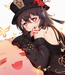 Rule 34 | 1girl, :d, bare back, black hair, black nails, bug, butterfly, chinese clothes, commentary request, flower, genshin impact, ghost, grin, hair between eyes, hat, hat flower, hat ornament, head tilt, highres, hu tao (genshin impact), insect, jewelry, long hair, long sleeves, looking at viewer, nail polish, off shoulder, open mouth, red eyes, ring, sidelocks, simple background, smile, symbol-shaped pupils, tingyu (490101957), twintails, white background