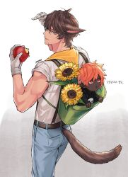 Rule 34 | 2boys, :o, animal ears, apple, aqua eyes, backpack, bag, basket, bkindnwise, black capelet, blue pants, brown hair, capelet, cat boy, cat ears, cat tail, chinese text, clothing cutout, cowboy shot, dark-skinned male, dark skin, denim, erichthonios, facial mark, final fantasy, final fantasy xiv, flower, food, from above, fruit, gloves, hands up, highres, holding, holding food, holding fruit, in basket, jeans, looking back, male focus, mask, mask around neck, mini person, miniboy, miqo&#039;te, multiple boys, neckerchief, open mouth, orange hair, pants, red eyes, shirt, short hair, short sleeves, signature, simple background, size difference, smile, sophist&#039;s robe (ff14), sunflower, suspenders, tail, tail through clothes, toned, toned male, translation request, unworn mask, warrior of light (ff14), white background, white gloves, white shirt, yellow flower, yellow neckerchief