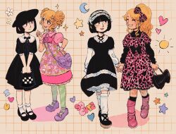Rule 34 | 2girls, black dress, black eyes, black footwear, black hair, black headwear, blonde hair, bobby socks, bow, brown background, closed eyes, closed mouth, commentary, crescent, dress, elekilokal, english commentary, full body, genderswap, genderswap (mtf), green thighhighs, grid background, hair bow, hair ornament, hanazawa teruki, hat, heart, highres, holding hands, kageyama shigeo, lolita fashion, long hair, long sleeves, looking at another, mary janes, mob psycho 100, multiple girls, open mouth, pink dress, pink footwear, ponytail, print dress, puffy short sleeves, puffy sleeves, purple bag, purple footwear, shoes, short hair, short sleeves, simple background, smile, socks, standing, star (symbol), thighhighs, white socks, yuri