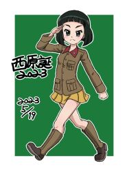 Rule 34 | 1girl, 2023, birthday, black eyes, black hair, blunt bangs, blunt ends, bob cut, boots, brown footwear, brown jacket, character name, chi-hatan military uniform, closed mouth, commentary, dated, girls und panzer, green background, jacket, knee boots, long sleeves, looking at viewer, military uniform, miniskirt, nishihara yasoko, outline, pleated skirt, salute, short hair, skirt, smile, solo, takahashi kurage, translated, uniform, walking, white outline, yellow skirt
