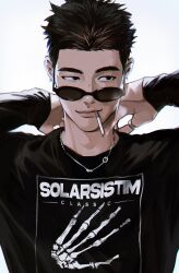 Rule 34 | 1boy, absurdres, black shirt, cigarette, closed mouth, hands up, highres, jewelry, light smile, long sleeves, male focus, mole, necklace, original, portrait, print shirt, ring, shirt, short hair, sideways glance, simple background, solarsistim, solo, sunglasses, white background