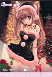 Rule 34 | 1girl, ahoge, bare shoulders, bell, black dress, black santa costume, blush, bow, breasts, brown hair, choker, christmas, christmas lights, christmas ornaments, christmas tree, cleavage, copyright name, cowboy shot, dress, fur, fur trim, garter straps, gift, hat, heart, heart necklace, highres, himeka (quatto cafe), jewelry, large breasts, light smile, long hair, looking at viewer, necklace, official art, pink hair, pink thighhighs, purple eyes, quatto cafe, sack, santa costume, santa hat, scan, short dress, sidelocks, skirt hold, smile, solo, standing, star (symbol), sugiyama genshou, thigh gap, thighhighs, twintails, wristband, zettai ryouiki