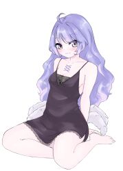 Rule 34 | 1girl, amiya aranha, amiya aranha (artist), arm behind back, arthropod limbs, barefoot, black nightgown, blush, breasts, collarbone, commentary, english commentary, extra legs, highres, indie virtual youtuber, long hair, looking at viewer, nightgown, purple eyes, simple background, sitting, small breasts, smile, solo, very long hair, virtual youtuber, white background