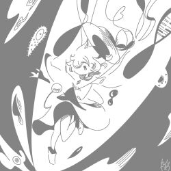Rule 34 | 1girl, 3ma can omochi, abstract, arms up, boots, bow, commentary request, dna, double helix, dress, falling, floating hair, foot up, full body, greyscale, hat, hat bow, unworn hat, unworn headwear, highres, komeiji koishi, looking down, monochrome, no mouth, one eye closed, short hair, signature, sleeves past fingers, sleeves past wrists, solo, third eye, touhou, wide sleeves