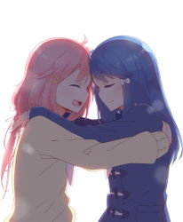 Rule 34 | 2girls, :d, backlighting, bad id, bad pixiv id, blue hair, closed mouth, coat, closed eyes, forehead-to-forehead, hair ornament, hairclip, happy, heads together, hetareeji, highres, hug, kagamihara nadeshiko, long hair, multiple girls, open mouth, pink hair, shima rin, simple background, smile, upper body, white background, yurucamp