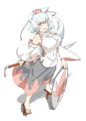 Rule 34 | 1girl, absurdres, animal ears, black skirt, breasts, commentary request, detached sleeves, full body, geta, highres, holding, holding sword, holding weapon, inubashiri momiji, large breasts, leaf, looking at viewer, maple leaf, oonishi jun, parted lips, pom pom (clothes), red eyes, red footwear, red headwear, red skirt, shield, shirt, short hair, simple background, skirt, solo, standing, sword, tengu-geta, touhou, two-tone skirt, weapon, white background, white hair, white shirt, wolf ears, wolf girl