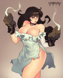Rule 34 | 1girl, 2018, artist name, bandages, bandaged arm, bandages, bare shoulders, black gloves, black hair, borrowed character, breasts, brown background, brown eyes, cleavage, collar, collarbone, commentary, covered navel, cowboy shot, dress, dual wielding, english commentary, frilled dress, frills, gift art, gloves, gun, handgun, highres, holding, huge breasts, lips, long hair, looking to the side, no bra, no panties, norasuko, nose, off-shoulder dress, off shoulder, original, pinup (style), side slit, smoke, smoking barrel, solo, standing, thick thighs, thighs, torn clothes, torn dress, trigger discipline, weapon
