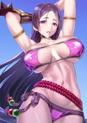 Rule 34 | 1girl, absurdres, arm guards, armor, arms behind head, arms up, belt, bikini, blue background, breasts, choker, collarbone, commentary request, fate/grand order, fate (series), gradient background, highres, large breasts, lips, looking at viewer, minamoto no raikou (fate), minamoto no raikou (fate/grand order), minamoto no raikou (swimsuit lancer) (fate), navel, parted bangs, parted lips, purple bikini, purple eyes, purple hair, saruchitan, shiny clothes, shiny skin, solo, stomach, swimsuit, thighs
