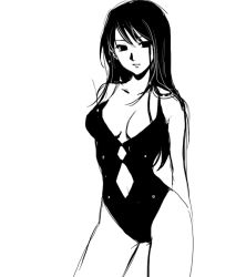 Rule 34 | 1girl, breasts, casual one-piece swimsuit, cleavage, greyscale, monochrome, one-piece swimsuit, original, sinko, solo, swimsuit