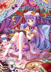 Rule 34 | 1girl, :d, ball, beads, bed, bespectacled, blonde hair, blue footwear, blue hair, blunt bangs, blush, book, book stack, boots, bow, braid, cake, cake slice, candy, character doll, crescent, crescent hair ornament, cup, curtains, dress, food, fork, frilled dress, frilled kneehighs, frilled sleeves, frills, fruit, full body, glasses, gradient hair, hair bow, hair ornament, hat, holding, holding book, indoors, izayoi sakuya, kirisame marisa, kneehighs, long hair, looking at viewer, mini hat, mini witch hat, mob cap, multicolored hair, no shoes, open book, open mouth, patchouli knowledge, pen, pillow, polka dot, purple bow, purple eyes, purple hair, red-framed eyewear, red bow, red ribbon, remilia scarlet, ribbon, ribbon-trimmed clothes, ribbon trim, single thighhigh, sitting, skirt, skirt set, smile, socks, solo, star (symbol), strawberry, striped clothes, striped dress, teacup, thighhighs, touhou, very long hair, villyane, white bow, white socks, witch hat