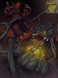 Rule 34 | biollante, building, city, dinosaur, dirt, dust, extra mouth, extra teeth, glowing, glowing eyes, glowing horns, godzilla, mothra and king ghidorah: giant monsters all-out attack, godzilla (series), godzilla vs. biollante, highres, horns, kaijuu, no humans, no pupils, plant, red eyes, skyscraper, tentacles, thomas johnson, thorns, toho, tusks, vines, yellow eyes