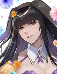 Rule 34 | 1girl, black hair, blunt bangs, breasts, brown eyes, circlet, cleavage, detached collar, fire emblem, fire emblem awakening, fire emblem heroes, flower, highres, jewelry, lips, long hair, looking at viewer, nintendo, official alternate costume, smile, solo, tharja (fire emblem), tharja (spring) (fire emblem), tori art07, two side up