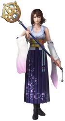 Rule 34 | 1girl, 3d, blue eyes, bracelet, detached sleeves, dissidia final fantasy, dissidia final fantasy nt, final fantasy, final fantasy x, full body, green eyes, hair between eyes, heterochromia, highres, jewelry, long skirt, looking at viewer, necklace, official art, pleated skirt, ring, short hair, simple background, skirt, solo, square enix, weapon, white background, yuna (ff10)