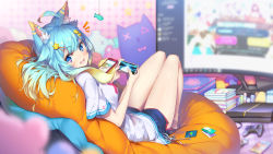 Rule 34 | 1girl, :d, ^^^, ahoge, animal ears, aqua hair, bare legs, barefoot, bean bag chair, blonde hair, blurry, blurry background, blurry foreground, breasts, cat ears, cellphone, controller, curved monitor, depth of field, dolphin shorts, fang, fate/grand order, fate (series), game console, game controller, google play, gradient hair, hair ornament, hairclip, highres, hong (white spider), indoors, lanmewko, looking at viewer, looking back, monitor, multicolored hair, nail polish, open mouth, original, phone, pink nails, playstation 4, prehensile hair, purple eyes, reclining, shirt, short shorts, shorts, small breasts, smartphone, smile, solo, t-shirt
