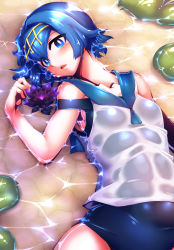 Rule 34 | 1girl, blouse, blue eyes, blue hair, blue one-piece swimsuit, blue sailor collar, blush, breasts, caustics, collarbone, colored eyelashes, cowboy shot, creatures (company), diffraction spikes, eyes visible through hair, female focus, flower, from above, game freak, hair between eyes, hair ornament, hand up, head tilt, headband, highres, lana (pokemon), looking at viewer, lying, matching hair/eyes, nintendo, npc trainer, on back, one-piece swimsuit, open mouth, partially submerged, pokemon, pokemon sm, purple flower, sailor collar, see-through, shirt, short hair, sleeveless, sleeveless shirt, small breasts, solo, strap slip, swimsuit, swimsuit under clothes, tokyo (great akuta), trial captain, water, wet, wet clothes, wet shirt, white shirt